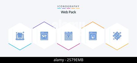Web Pack 25 Blue icon pack including globe. web. organization page. research. flask Stock Vector