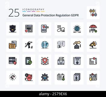 Gdpr 25 Line Filled icon pack including gdpr. secure. controller. lock. clip Stock Vector