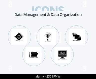 Data Management And Data Organization Glyph Icon Pack 5 Icon Design. optimization. seo. data. global. things Stock Vector