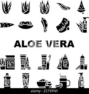 aloe vera plant nature green leaf icons set vector. herb vera, cosmetic health, care, herbal, healthy beauty, fresh medicine, natural aloe vera plant nature green leaf glyph pictogram Illustrations. aloe vera plant nature green leaf icons set vector Stock Vector