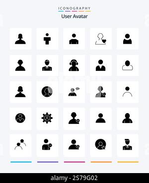 Creative User 25 Glyph Solid Black icon pack  Such As avatar. man. love. human. basic Stock Vector