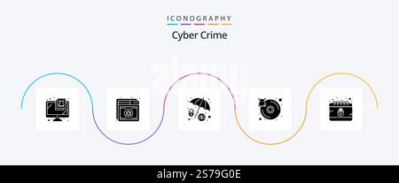 Cyber Crime Glyph 5 Icon Pack Including . infected. web. hard disk. Stock Vector
