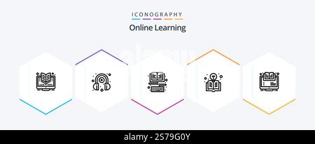 Online Learning 25 Line icon pack including e-learning. light bulb. book. light. book Stock Vector