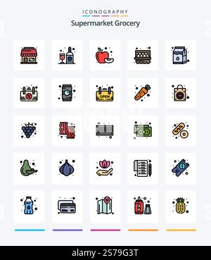 Creative Grocery 25 Line FIlled icon pack  Such As open. board. fruit. pak. milk Stock Vector