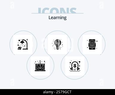 Learning Glyph Icon Pack 5 Icon Design. book. light bulb. book. light. study Stock Vector