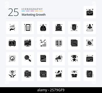 Marketing Growth 25 Solid Glyph icon pack including optimization. report. contact. graph. chart Stock Vector