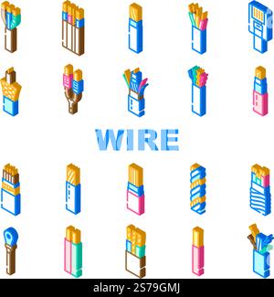 wire cable cord icons set vector. electrical technology, electric connection, network energy, power copper, black wire cable cord isometric sign illustrations. wire cable cord icons set vector Stock Vector