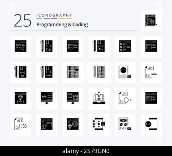 Programming And Coding 25 Solid Glyph icon pack including development. coding. development. html. develop Stock Vector