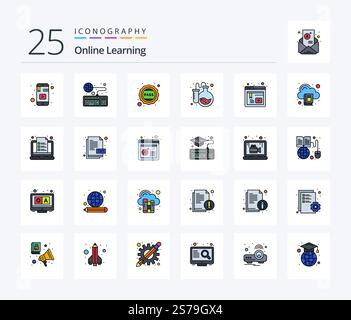 Online Learning 25 Line Filled icon pack including test tubes. flask. online. pass. school Stock Vector