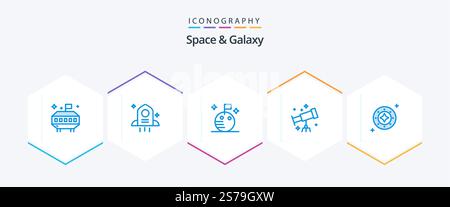 Space And Galaxy 25 Blue icon pack including universe. space. space. shine. cosmos Stock Vector