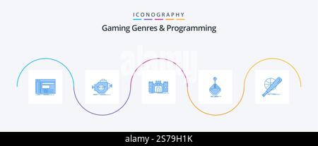 Gaming Genres And Programming Blue 5 Icon Pack Including game. landmark. machine. fortress. defense Stock Vector
