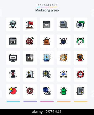 Creative Marketing And Seo 25 Line FIlled icon pack  Such As speech. chat. coding. bubble. email Stock Vector
