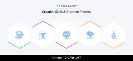Creative Skills And Creative Process 25 Blue icon pack including file. portfolio. measurement. vision. monitoring Stock Vector