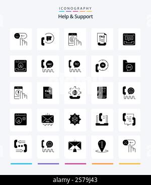 Creative Help And Support 25 Glyph Solid Black icon pack  Such As document. communication. phone. support. help Stock Vector