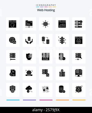 Creative Web Hosting 25 Glyph Solid Black icon pack  Such As web. service. storage. development. server Stock Vector