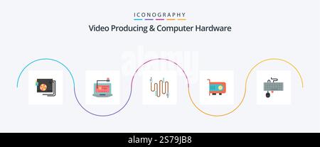 Video Producing And Computer Hardware Flat 5 Icon Pack Including computer. power. key. computer. cables Stock Vector