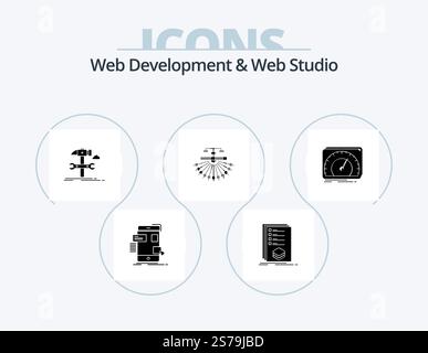 Web Development And Web Studio Glyph Icon Pack 5 Icon Design. site. optimization. listing. service. hammer Stock Vector