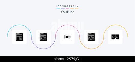 Youtube Glyph 5 Icon Pack Including glasses. camera. essential. video. document Stock Vector