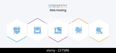 Web Hosting 25 Blue icon pack including database. management. online. hosting. web Stock Vector