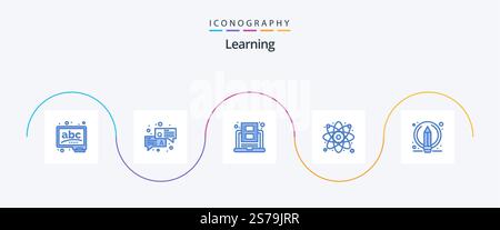 Learning Blue 5 Icon Pack Including writing. laboratory. education. atom. youtube Stock Vector