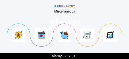 Miscellaneous Line Filled Flat 5 Icon Pack Including images. chart. receipt. bill Stock Vector