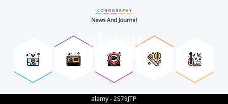 News 25 FilledLine icon pack including music news. information. film. phone. pushpin Stock Vector