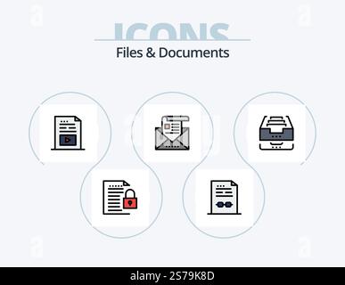 Files And Documents Line Filled Icon Pack 5 Icon Design. newsletter. media. download. duplicate. data Stock Vector