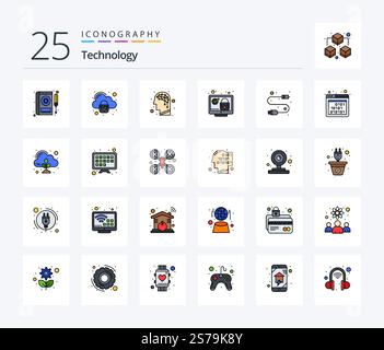 Technology 25 Line Filled icon pack including cable. check. secure. system. lock Stock Vector