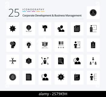 Corporate Development And Business Management 25 Solid Glyph icon pack including career. growth. glass. search. people Stock Vector