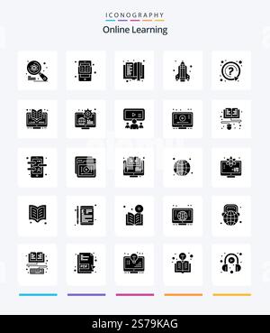 Creative Online Learning 25 Glyph Solid Black icon pack  Such As mark. science. e-learning. rocket. education Stock Vector