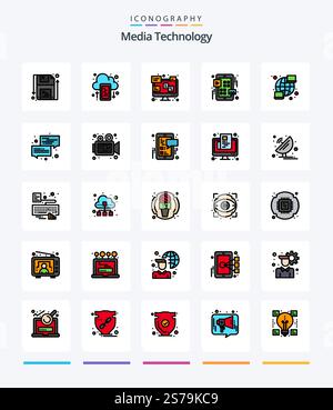 Creative Media Technology 25 Line FIlled icon pack  Such As computer. play. chat. ui. grid Stock Vector