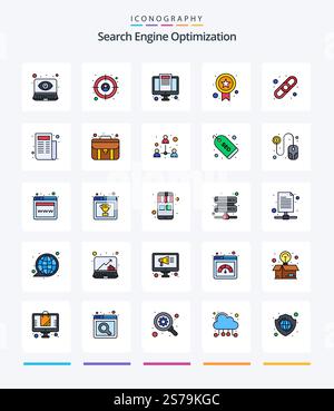 Creative Seo 25 Line FIlled icon pack  Such As news. connect. screen. chain. quality Stock Vector