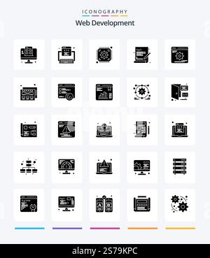 Creative Web Development 25 Glyph Solid Black icon pack  Such As development. web coding. chip. programming. coding Stock Vector