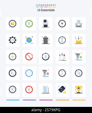 Creative Ui Essentials 25 Flat icon pack  Such As like. favorite. plus. save. floppy Stock Vector
