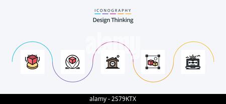 Design Thinking Line Filled Flat 5 Icon Pack Including processing. design. deliver. 3d.clock Stock Vector