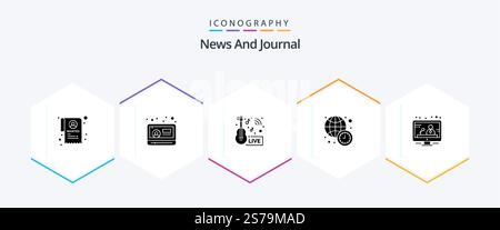 News 25 Glyph icon pack including media. world news. entertainment. time. clock Stock Vector