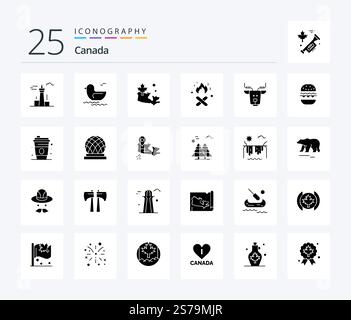 Canada 25 Solid Glyph icon pack including reindeer. arctic. map. alpine. fire place Stock Vector