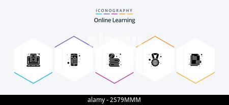 Online Learning 25 Glyph icon pack including doc. world. cd. study abroad. software Stock Vector
