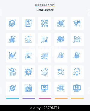 Creative Data Science 25 Blue icon pack  Such As lock. data process. bar. interface. report Stock Vector