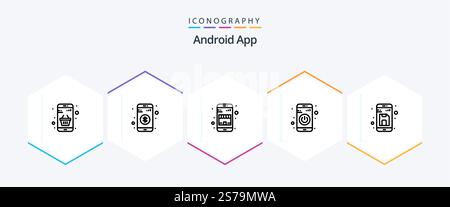 Android App 25 Line icon pack including back. turn off. sign. switch. shopping Stock Vector
