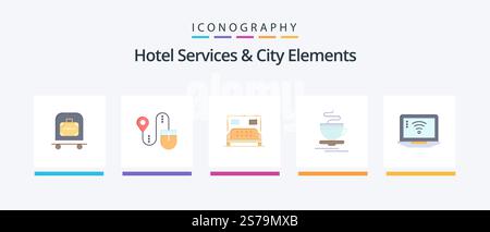 Hotel Services And City Elements Flat 5 Icon Pack Including computer. hotel. hotel . hot. tea. Creative Icons Design Stock Vector