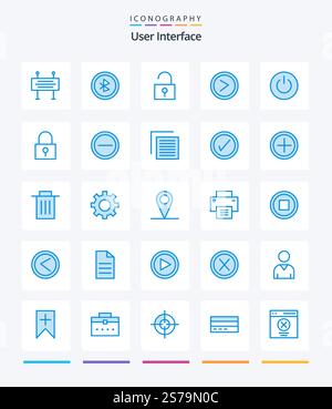Creative User Interface 25 Blue icon pack  Such As power. interface. lock. user. interface Stock Vector