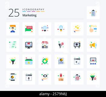 Marketing 25 Flat Color icon pack including money. hand. business. light. creativity Stock Vector