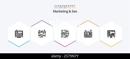 Marketing And Seo 25 Line icon pack including billboard. ad. statistic. youtube. marketing Stock Vector
