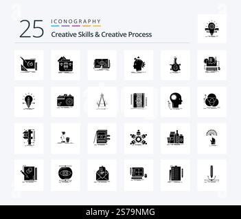 Creative Skills And Creative Process 25 Solid Glyph icon pack including imagine. imagination. folder. growth. eye Stock Vector
