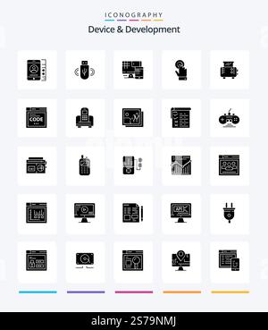 Creative Device And Development 25 Glyph Solid Black icon pack  Such As toast machine. technology. computer. interface. toch Stock Vector