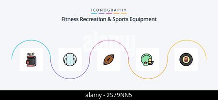 Fitness Recreation And Sports Equipment Line Filled Flat 5 Icon Pack Including helmet. equipment. game. american. nfl Stock Vector
