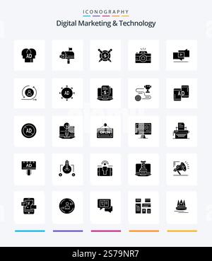 Creative Digital Marketing And Technology 25 Glyph Solid Black icon pack  Such As marketing. photography. paid. photo. camera Stock Vector