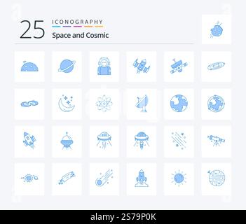Space 25 Blue Color icon pack including antenna. helmet. alien. ship Stock Vector