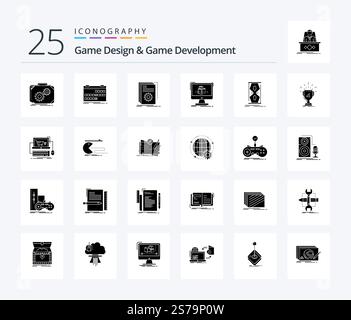 Game Design And Game Development 25 Solid Glyph icon pack including dimensional. 3d. release. script. developer Stock Vector